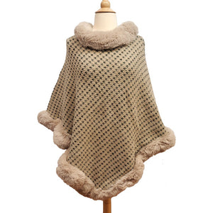 All-Around Beige Faux Fur Trim Poncho Soft Faux Fur Collar Ruana Cape Shawl, ensure your upper body stays perfectly toasty when the temperatures drop, the perfect accessory. Throw it on over so many pieces elevating any casual outfit! Perfect Gift Birthday, Anniversary, Christmas, Holiday, Valentine's Day, Special Occasion