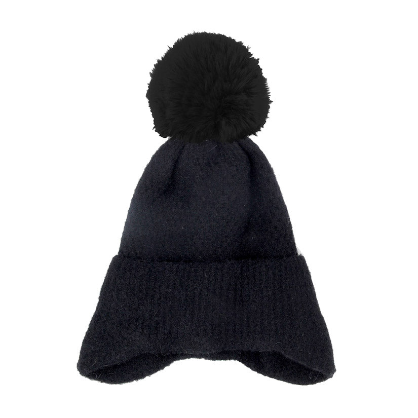 Soft Solid Earflap Knit Pom Pom Beanie Hat