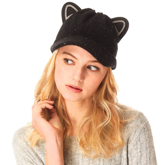 Cozy Solid Black Cat Ear Slouchy Newsboy Cap Solid Black Cat Ear Slouchy Cap Winter Hat, reach for this toasty hat to keep you incredibly warm when running out the door. Accessorize with this cat ear hat, it's the autumnal touch finish your outfit in style. Perfect Gift Birthday, Christmas, Night Out, Cold Weather, Valentine's Day