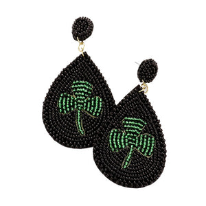 St Patrick's Day Black Seed Bead Clover Accented Hat Dangle Earrings, carefully handcrafted seed bead earrings to accent your love for the Irish, handmade clover earrings are the perfect accessory to finish off any festive look. St Paddy's day, Show your Irish pride, good luck, good cheer, Irish magic