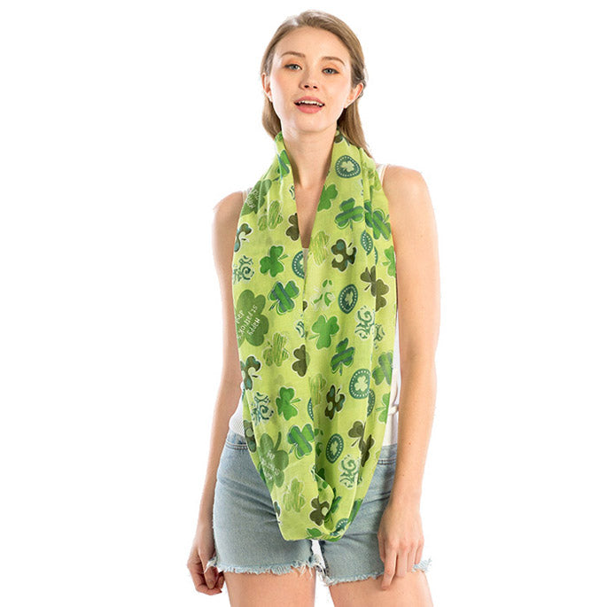 St. Patrick's Day Green Clover Pattern Infinity Scarf Green Clover Wrap, perfect to accent your love for the Irish. The luck of the Irish will be with this year, these cute shamrock are the perfect accessory to finish off any festive look. Show your Irish pride, spread some Paddy magic, good luck, good cheer, Irish magic