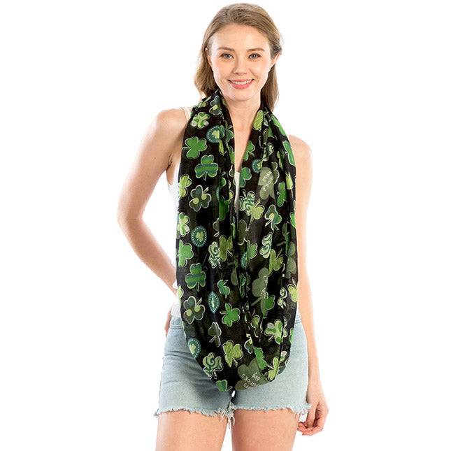 St. Patrick's Day Green Clover Pattern Infinity Scarf Green Clover Wrap, perfect to accent your love for the Irish. The luck of the Irish will be with this year, these cute shamrock are the perfect accessory to finish off any festive look. Show your Irish pride, spread some Paddy magic, good luck, good cheer, Irish magic