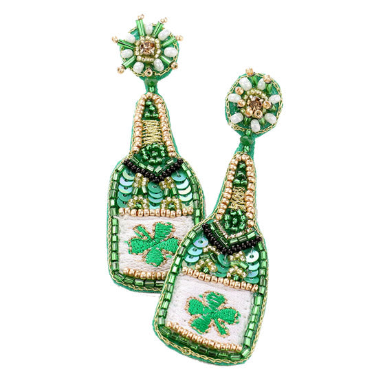 St Patrick's Day Sequin Clover Champagne Dangle Earrings, carefully sequin seed bead handcrafted to accent your love for the Irish, handmade clover earrings are the perfect accessory to finish off any festive look. St Paddy's day, Show your Irish pride, good luck, good cheer, Irish magic, champagne bottle earrings