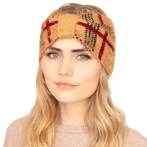 Taupe Plaid Check Patterned Earmuff Headband. Ear warmer will shield your ears from cold winter weather ensuring all day comfort. Ear band is soft, comfortable and warm adding a touch of sleek style to your look, show off your trendsetting style when you wear this ear warmer and be protected in the cold winter winds.
