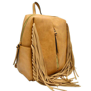Tan Multi Pocket Vegan Leather Women Fringe Backpack, This is a very high quality Vegan Leather High-Fashion Backpack. Great as a Women's Accessory Item for Travel in Airports and other places where would be convenient to be Hands-Free. Very durable and nice large size. Should be able to carry all that a student would need. Durable to carry a heavy load. Perfect for working, shopping, daily life, traveling, school and business. A great gift to your friends and family.