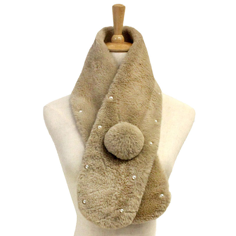 Tan Pearl Embellished Faux Fur Pom Pom Pull Through Scarf, accent your look with this soft, highly versatile plaid scarf. A rugged staple brings a classic look, adds a pop of color & completes your outfit, keeping you cozy & toasty. Perfect Gift Birthday, Holiday, Christmas, Anniversary, Valentine's Day