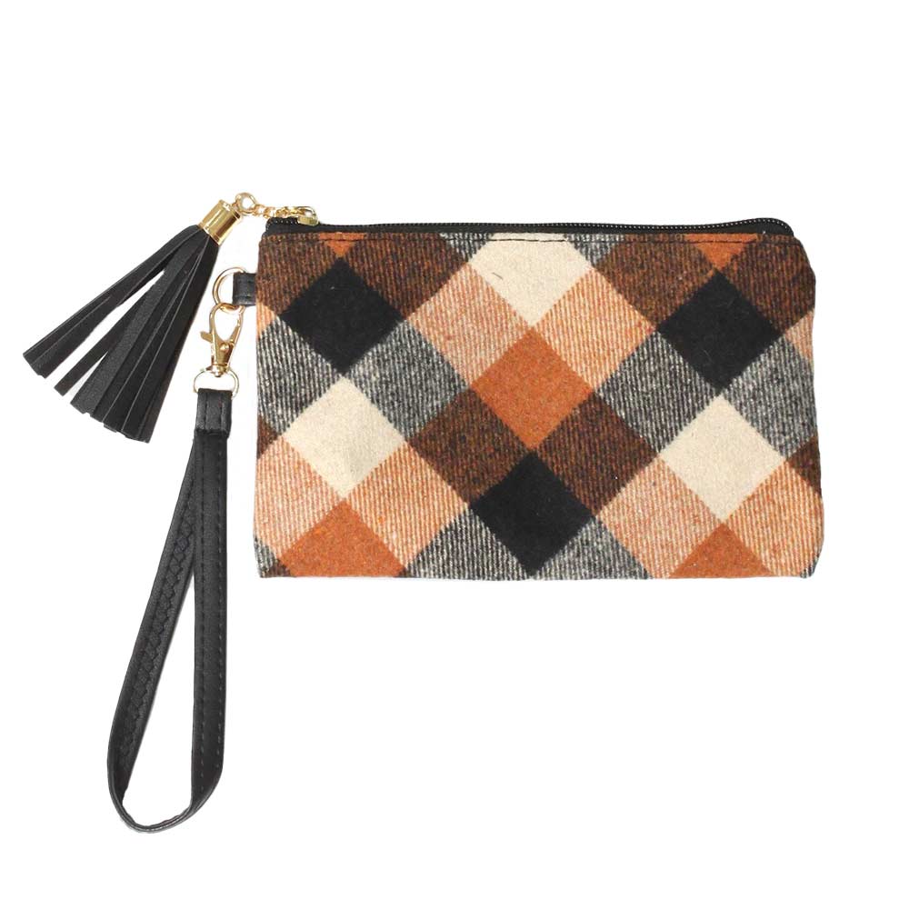 Tan Plaid Check Wristlet Pouch Bag, gives you the most comfortable dealing with a trendy look. The color variety, lightweight, and size make the pouch perfect to grab according to your own choice. It includes an easy-carrying hand strap. It's a perfect gift for any occasion and a stylish accessory for any place.