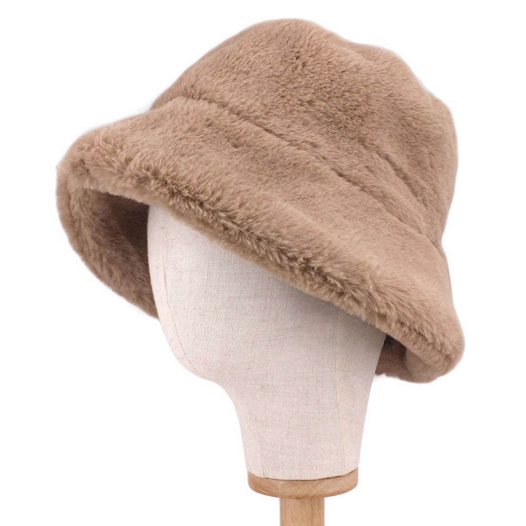 Tan Polyester Faux Fur Bucket Hat, stay warm and cozy, protect yourself from the cold, this most recongizable look with remarkable bold, soft & chic bucket hat, features a rounded design with a short brim. The hat is foldable, great for daytime. Perfect Gift for cold weather!