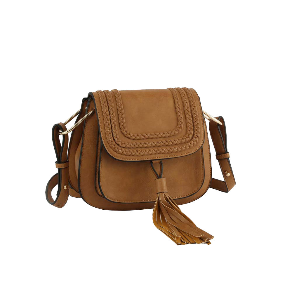 Tan Vegan Leather Satchel Crossbody Bag with Fringe Detail, This fringe detail crossbody bag is an absolute must-have accessory! It is a stunning satchel with different colors including a hanging tassel, braided details, a zipper pocket inside, and adjustable straps. An absolutely supportive bag for carrying handy items and daily accessories, country and Western!