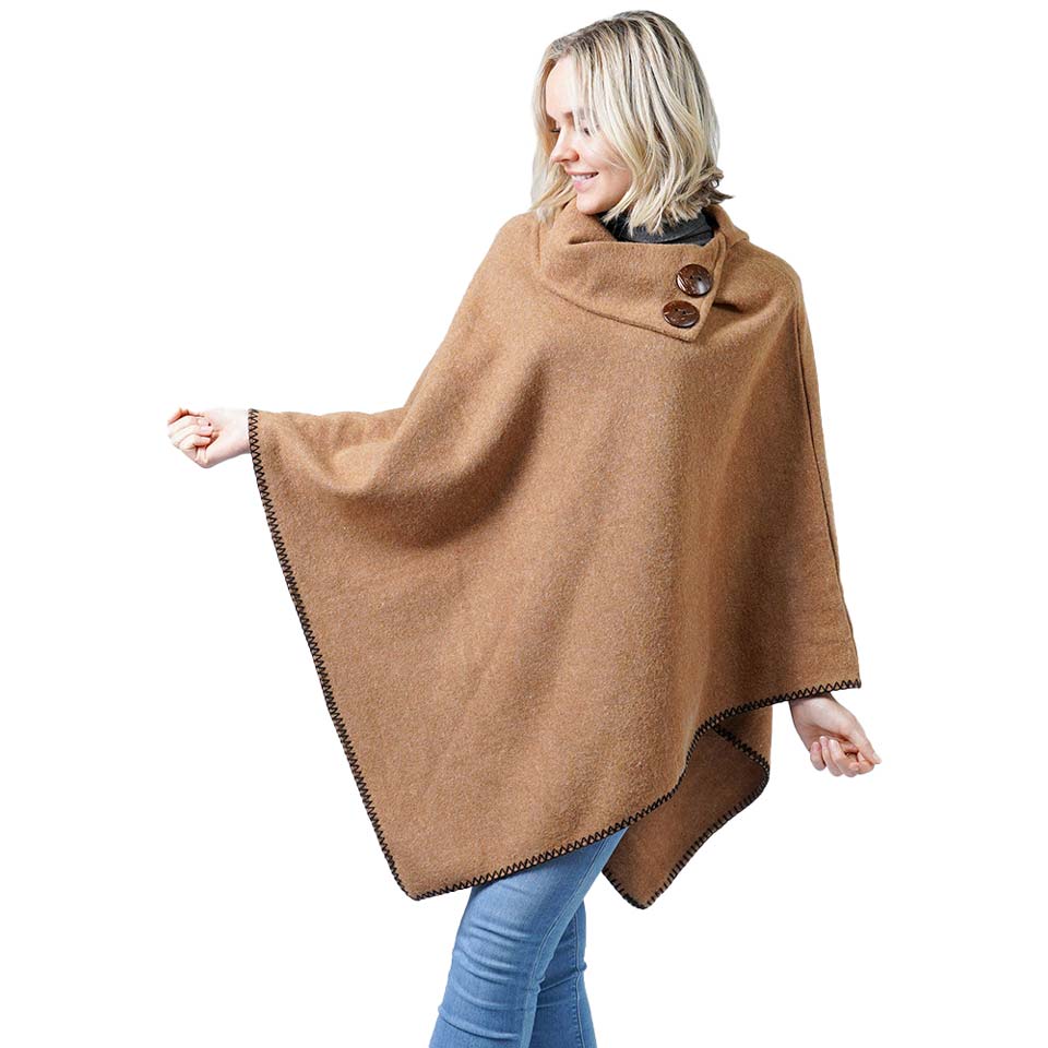 Taupe Button Deco Collar Poncho, ensures your upper body stays perfectly toasty when the temperatures drop or on the cold days. A beautiful, fashionable and eye-catcher, will quickly become one of your favorite accessories. Keeps you perfectly warm and goes with all your winter outfits. Timelessly beautiful, gently nestles around the neck and feels exceptionally comfortable to wear. A perfect gift for the persons you care. Happy winter!
