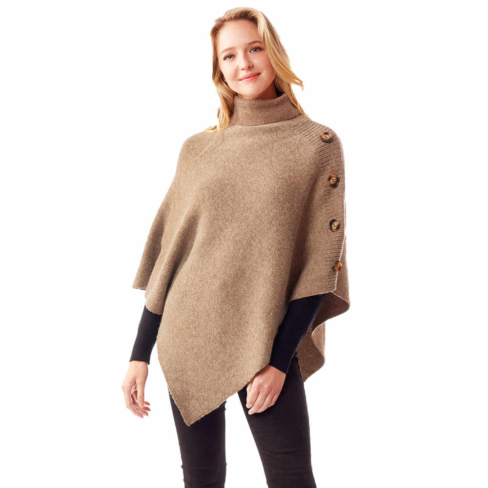 Taupe Button Pointed Solid Turtle Neck Poncho, provides warmth, comfort in a cold day while keeping your look chic and feminine. Coordinates with all your winter outfits. Perfect Birthday Gift, Christmas Gift, Anniversary Gift, Regalo Navidad, Regalo Cumpleanos, Valentine's Day Gift, Dia del Amor, Asymmetrical Poncho Wrap