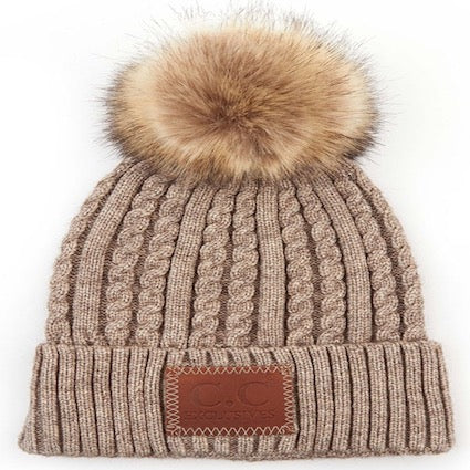Taupe C.C Double Braided Beanie Faux Fur Pom Pom & Leather Patch Winter Hat; reach for this classic toasty hat to keep you nice n warm in the chilly winter weather, the wintry touch finish to your outfit. Perfect Gift Birthday, Christmas, Holiday, Anniversary, Stocking Stuffer, Secret Santa, Valentine's Day, Loved One, BFF