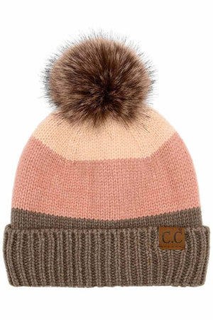 Taupe C.C Multi Color Block Stripes Pom Beanie, wear it before running out the door into the cool air to keep yourself warm and toasty and look absolutely beautiful. You’ll want to reach for this toasty beanie to keep you incredibly warm everywhere and every occasion. Accessorize the fun way with this pom hat. It's the autumnal touch you need to finish your outfit in style.
