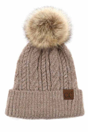 Taupe C.C Woven Cable Stitch Cuff Beanie With Soft Color Fur Pom, wear this beautiful Beanie Hat while going outdoor and keep yourself warm and stylish. The color variation makes the Hat suitable for everyone's choice. It feels cozy and a perfect match with any type of outfit. It's a perfect winter gift accessory for birthdays, Christmas, stocking stuffers, secret Santa, holidays, anniversaries.