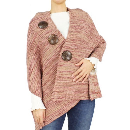 Taupe Coconut Button Accented Knit Patterned Shawl Cape Poncho Outwear Ruana, the perfect accessory, luxurious, trendy, super soft chic capelet, keeps you warm & toasty. You can throw it on over so many pieces elevating any casual outfit! Perfect Gift Birthday, Holiday, Christmas, Anniversary, Wife, Mom, Special Occasion