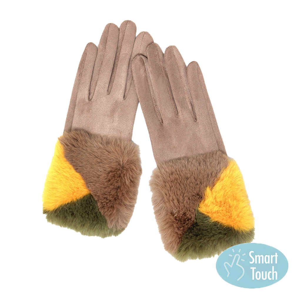Taupe Color Block Faux Fur Cuff Accented Soft Suede Smart Gloves, gives your look so much eye-catching texture w cool design, a cozy feel, fashionable, attractive, cute looking in winter season, these warm accessories allow you to use your phones. Perfect Birthday Gift, Valentine's Day Gift, Anniversary Gift.