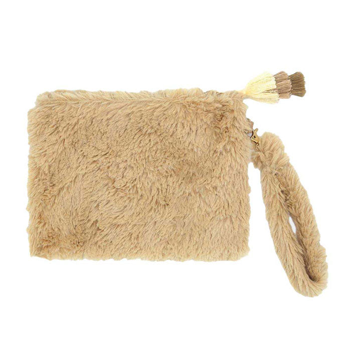 Taupe Faux Fur Tassel Pouch With Wristlet, shows your trendy look with this awesome tassel pouch design wristlet bag. Whether you are out shopping, going to the pool or beach, or anywhere else. These tassel themed pouch bag is the perfect accessory for holding your handy items comfortably. Spacious enough for carrying any and all of your belongings and essentials. Perfect Birthday Gift, Anniversary Gift, Just Because Gift, Mother's Day Gift.