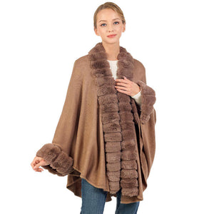 Taupe Faux Fur Trimmed Solid Long Shawl Poncho Cape, ensure your upper body stays perfectly warm when the temperatures drop, timelessly beautiful, gently nestles around the collar and feels exceptionally comfortable to wear. This fur themed faux fur poncho cape is a perfect accessory, luxurious, trendy, super soft chic capelet, keeps you warm and toasty. Perfect winter gift for your loved ones.