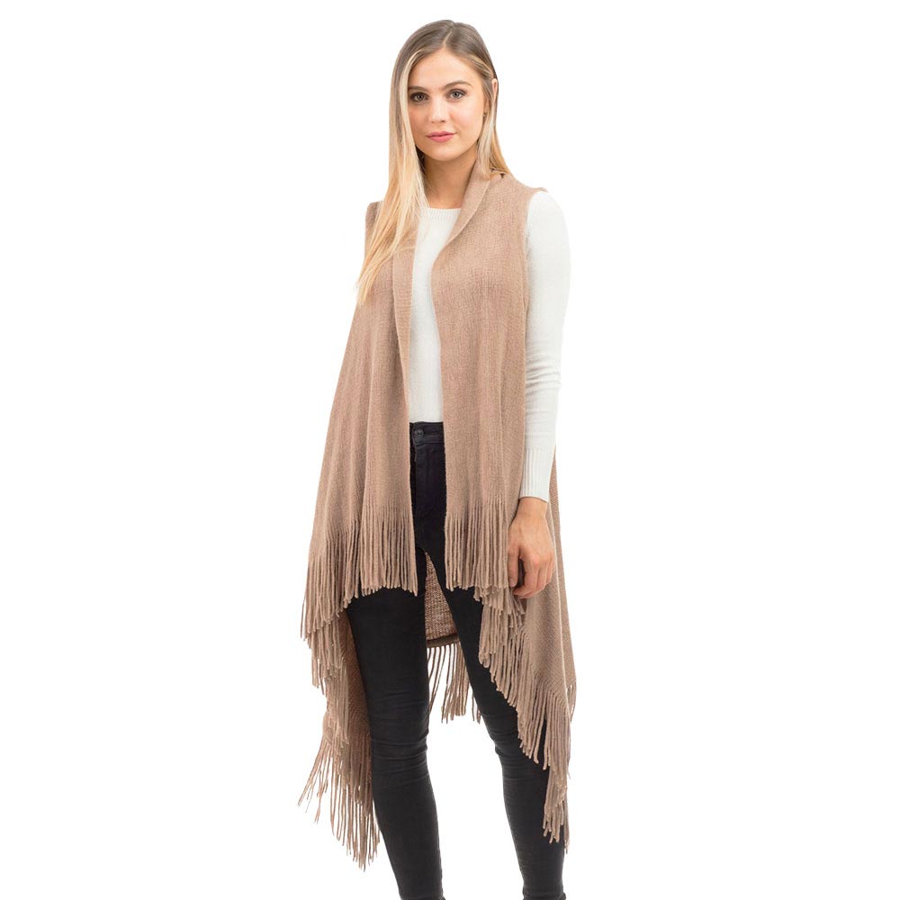 Taupe Knit Design Solid Fringe Detailed Tassel Accented Knit Poncho Outwear Ruana Cape Vest, the perfect accessory, luxurious, trendy, super soft chic capelet, keeps you warm and toasty. You can throw it on over so many pieces elevating any casual outfit! Perfect Gift for Wife, Mom, Birthday, Holiday, Christmas, Anniversary, Fun Night Out