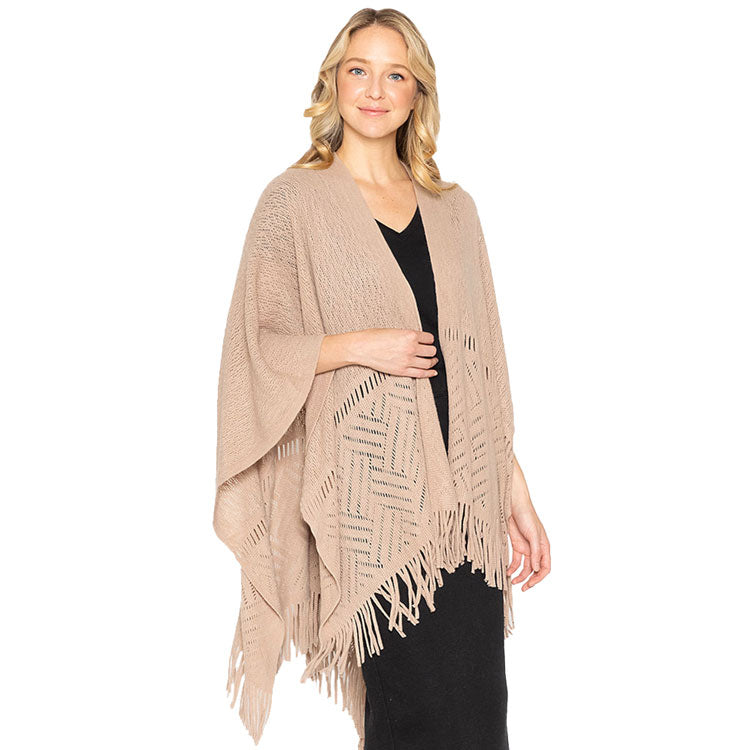 Taupe Geometry Open Knit Ruana With Fringe. With this lovely ruana shawl, you can draw attention to the contrast of different outfits. Geometry Pattern With Fringe Design that Gives it a unique decorative and modern look. Match well with jeans and T-shirts or vest, A fashionable eye catcher, will quickly become one of your favorite accessories, warm and goes with all your winter outfits.