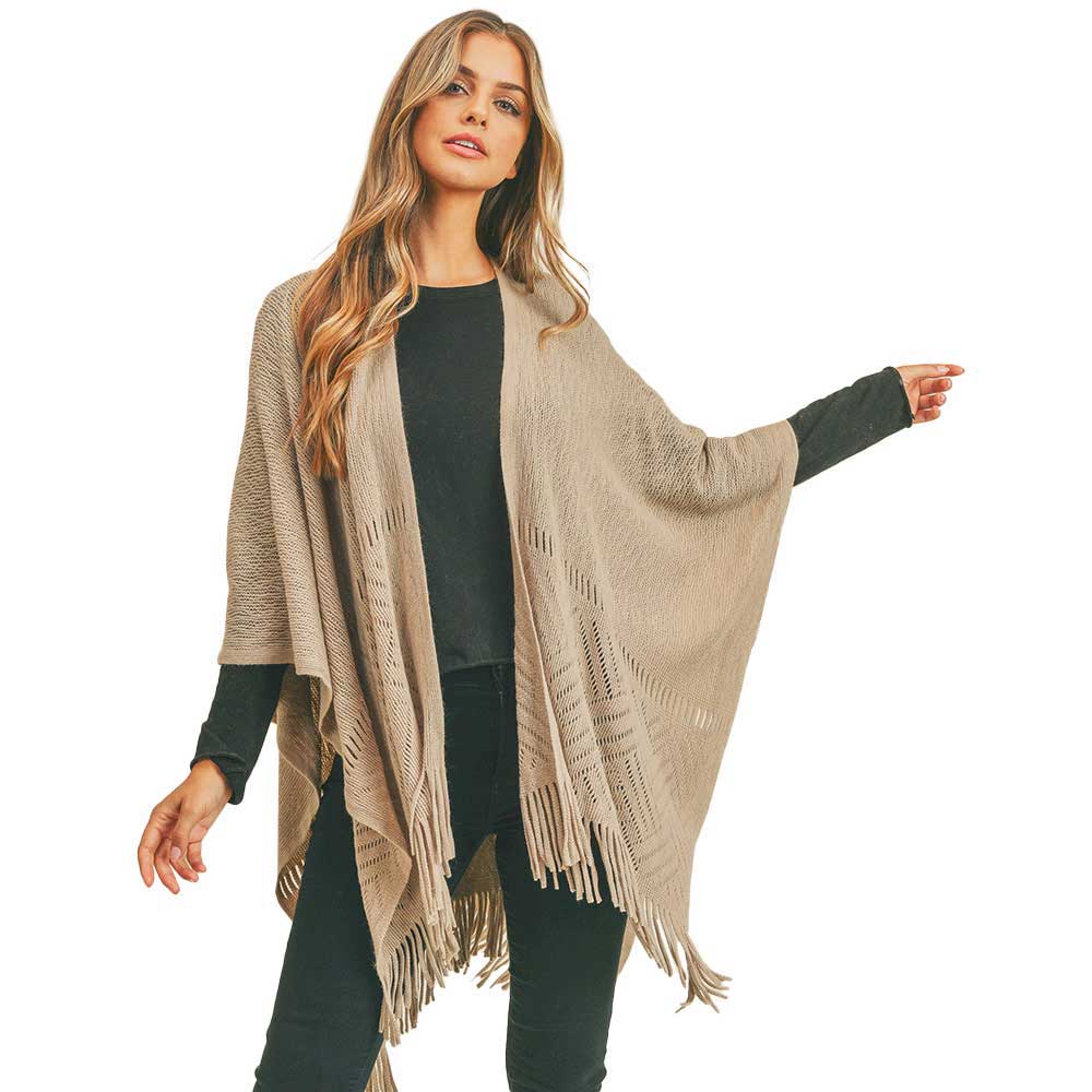 Taupe Herringbone Knit Fringe Ruana, With this lovely ruana shawl, you can draw attention to the contrast of different outfits. Herringbone Pattern With Fringe Design that Gives it a unique decorative and modern look. Match well with jeans and T-shirts or vest, A fashionable eye catcher, will quickly become one of your favorite accessories, warm and goes with all your winter outfits.
