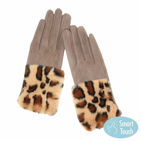 Taupe Leopard Patterned Faux Fur Cuff Accented Soft Suede Smart Gloves, gives your look so much eye-catching texture w cool design, a cozy feel, fashionable, attractive, cute looking in winter season, these warm accessories allow you to use your phones. Perfect Birthday Gift, Valentine's Day Gift, Anniversary Gift.