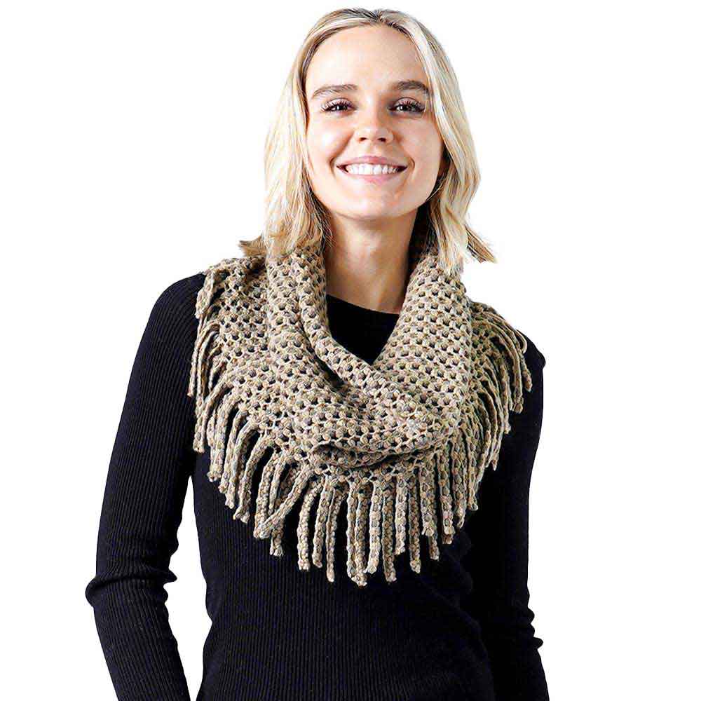 Tan Mini Tube Fringe Scarf, This comfortable scarf features a mini tube look available in a variety of bold colors. Full and versatile, this cute scarf is the perfect and cozy accessory to keep you warm and stylish. on trend & fabulous, a luxe addition to any cold-weather ensemble. You will always look chic and elegant wearing this feminine pieces. Great for everyday use in the chilly winter to ward against coldness. Awesome winter gift accessory!