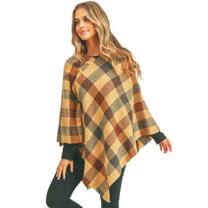 Taupe Multi Color Checker Poncho, ensure your upper body stays perfectly toasty when the temperatures drop, timelessly beautiful, gently nestles around the neck and feels exceptionally comfortable to wear this multi color checker poncho. A fashionable eye catcher, will quickly become one of your favorite accessories, warm and goes with all your winter outfits.
