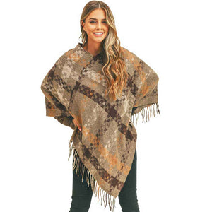 Taupe Multi Color Pixel Check Poncho, adds gorgeousness and confidence in your beauty. Lightweight and Breathable Fabric, Comfortable to Wear. Suitable for any Occasions in Spring, Summer, and Autumn. It fits with any outfit and any place. Perfect gift for Wife, Mom, Birthday, Holiday, Christmas, Anniversary, Fun night out. Make your moment stylish and attractive.