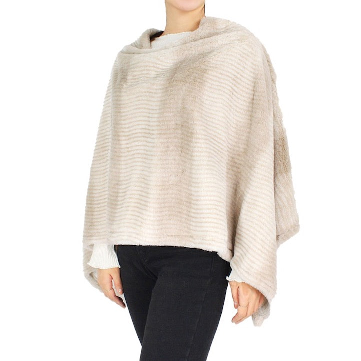 Taupe Ombre Striped Pattern Faux Fur Poncho Faux Fur Ombre Outwear Ruana Cape, the perfect accessory, luxurious, trendy, super soft chic capelet, keeps you warm & toasty. You can throw it on over so many pieces elevating any casual outfit! Perfect Gift Birthday, Holiday, Christmas, Anniversary, Wife, Mom, Special Occasion