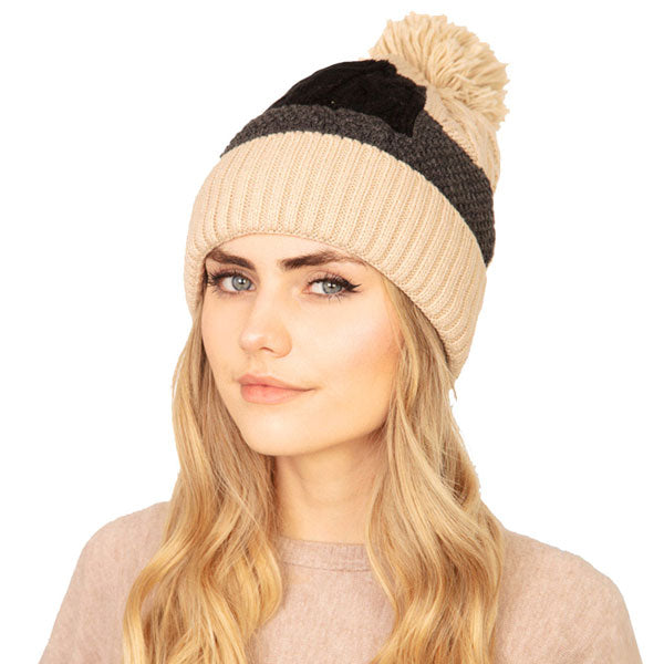 Taupe Patch Fleece Pom Pom Beanie Hat Warm Fleece Lining Knit Beanie Winter Hat before running out the door into the cool air, you’ll want to reach for this toasty beanie to keep you incredibly warm. Accessorize the fun way with this faux fur pom pom hat, it's the autumnal touch you need to finish your outfit in style. Awesome winter gift accessory! Perfect Gift Birthday, Christmas, Stocking Stuffer, Secret Santa, Holiday, Anniversary, Valentine's Day, Loved One
