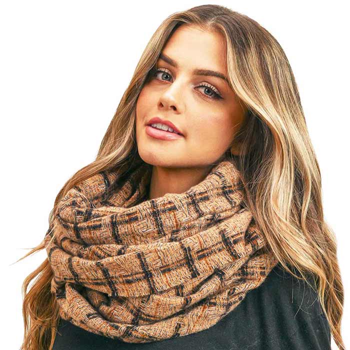 Taupe Plaid Check Infinity Scarf, Fashionable and stylish, Accent your look with this soft, highly versatile scarf. Great for daily wear in the cold winter to protect you against chill, classic infinity-style scarf & amps up the glamour with plush material that feels amazing snuggled up against your cheeks. This elegant premium quality scarf is a great addition to your collection of fashion accessories. Awesome winter gift accessory!