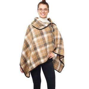 Taupe Plaid Check Patterned Stylish Coconut Button Poncho Outwear Cover Up, the perfect accessory, luxurious, trendy, super soft chic capelet, keeps you warm & toasty. You can throw it on over so many pieces elevating any casual outfit! Perfect Gift Birthday, Holiday, Christmas, Anniversary, Wife, Mom, Special Occasion