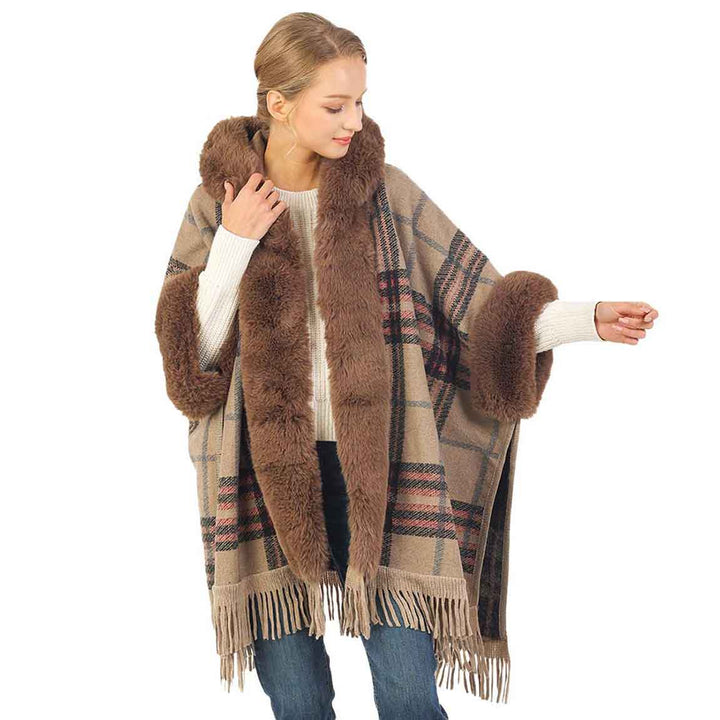 Taupe Plaid Pattern With Solid Faux Fur Trim Edge, is the perfect representation of beauty and comfortability for this winter. It will surely make you stand out with its beautiful color variation. It goes with every winter outfit and gives you a unique yet beautiful outlook everywhere. It ensures your upper body keeps perfectly toasty when the temperatures drop. You can throw it on over so many pieces elevating any casual outfit!