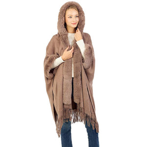 Taupe Solid Color Hoodie Winter Cape With Faux Fur Edge, is beautifully designed with solid color that amps up your beauty to a greater extent. It enriches your attire with perfect combination. Breathable Fabric, comfortable to wear, and very easy to put on and off. Suitable for Weekend, Work, Holiday, Beach, Party, Club, Night, Evening, Date, Casual and Other Occasions in Spring, Summer and Autumn.