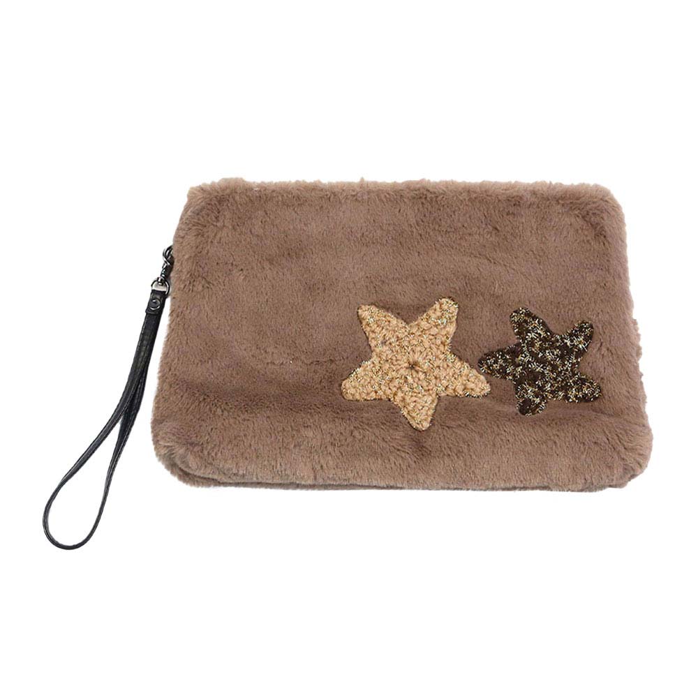 Taupe Star Patches Fuzzy Faux Fur Wristlet Clutch Bag, It looks like the ultimate fashionista while carrying this trendy faux fur Clutch bag! Different colors give you the choice to take your own. It will be your new favorite accessory to hold onto all your little necessary like - keys, card, makeups, phone, wallet etc. A caring gift for ones you care.