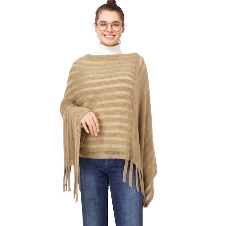 Taupe Stripe Texture Fringe Detailed Knit Shawl Cape Poncho Outwear Cover Up, the perfect accessory, luxurious, trendy, super soft chic capelet, keeps you warm & toasty. You can throw it on over so many pieces elevating any casual outfit! Perfect Gift Birthday, Holiday, Christmas, Anniversary, Wife, Mom, Special Occasion