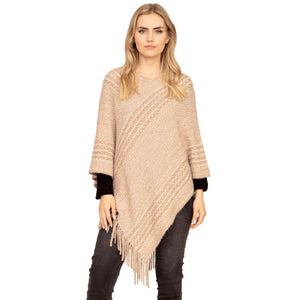 Taupe Striped Knit Tassel Poncho, is the perfect accessory that amps up your confidence with perfect beauty adding the right amount of luxe to your ensemble. It's a luxurious, trendy, super soft chic capelet that keeps you warm and toasty on cold days and winter. From stylish layering camis to relaxed tees, you can throw it on over so many pieces elevating any casual outfit!