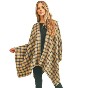 Taupe Trendy Plaid Check Pattern Ruana, the perfect accessory, luxurious, trendy, super soft chic capelet, keeps you warm and toasty. You can throw it on over so many pieces elevating any casual outfit! Match well with jeans and T-shirts with these poncho ruana, Stay trendy and comfortable! Have it for your winter wardrobe with out any doubt.  Awesome winter gift accessory!