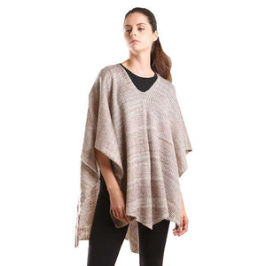 Taupe Two tone knit V- neck poncho, the top is made of soft and breathable material. It keeps you absolutely warm and stylish at the same time! Easy to pair with so many tops. Suitable for Weekend, Work, Holiday, Beach, Party, Club, Night, Evening, Date, Casual and Other Occasions in Spring, Summer, and Autumn. Throw it on over so many pieces elevating any casual outfit! Perfect Gift for Wife, Mom, Birthday, Holiday, Anniversary, Fun Night Out.