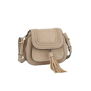 Taupe Vegan Leather Satchel Crossbody Bag with Fringe Detail, This fringe detail crossbody bag is an absolute must-have accessory! It is a stunning satchel with different colors including a hanging tassel, braided details, a zipper pocket inside, and adjustable straps. An absolutely supportive bag for carrying handy items and daily accessories, country and Western!