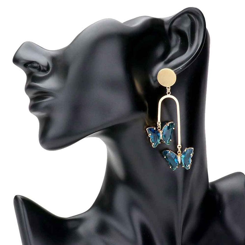 Teal Geometric Metal Double Lucite Butterfly Dangle Earrings, will take your look up a notch, versatile enough for wearing straight through the week, perfectly lightweight for all-day wear, coordinate with any ensemble from business casual to everyday wear, the perfect addition to every outfit. Adds a touch of nature-inspired butterfly themed  beauty to your look.Gift someone or yourself these ultra-chic earrings,