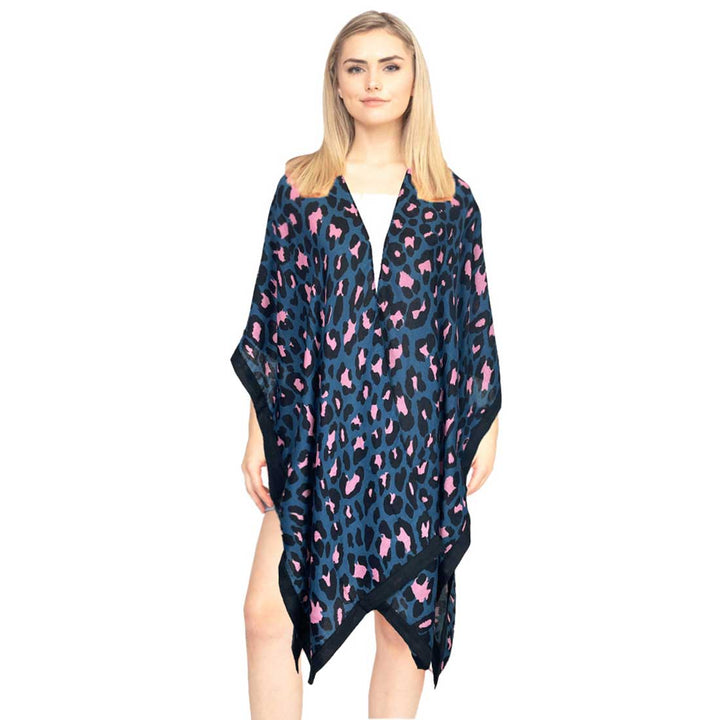 Teal Leopard Print Kimono Leopard Print Cover Up Poncho Leopard Print Poncho, open front and a flowy silhouette. Wear over your favorite blouse and slacks to show off your trendsetting style. Throw it over you bathing suit 