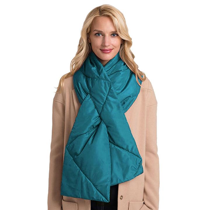 Teal Padding Oblong Pull Through Scarf, delicate, warm, on trend & fabulous, a luxe addition to any cold-weather ensemble. Great for daily wear in the cold winter to protect you against chill, classic infinity-style scarf & amps up the glamour with plush material that feels amazing snuggled up against your cheeks.