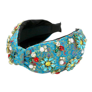 Teal Pearl Stone Embellished Flower Burnout Knot Headband, the combination of stone sewn on an oversized headband will make you feel glamorous. Be ready to receive compliments. Be the ultimate trendsetter wearing this chic headband with all your stylish outfits! Exquisite enough to use on the wedding day.