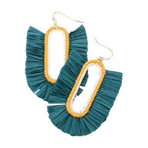 Teal Raffia Trimmed Dangle Earrings, enhance your attire with these beautiful dangle earrings to show off your fun trendsetting style. Can be worn with any daily wear such as shirts, dresses, T-shirts, etc. These raffia earrings will garner compliments all day long. Whether day or night, on vacation, or on a date, whether you're wearing a dress or a coat, these earrings will make you look more glamorous and beautiful.