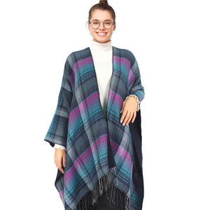 Teal Reversible Plaid Check Patterned Tassel Cape Poncho, with the latest trend in ladies' outfit cover-up! the high-quality knit poncho is soft, comfortable, and warm but lightweight. It's perfect for your daily, casual, evening, vacation, and other special events outfits. A fantastic gift for your friends or family.