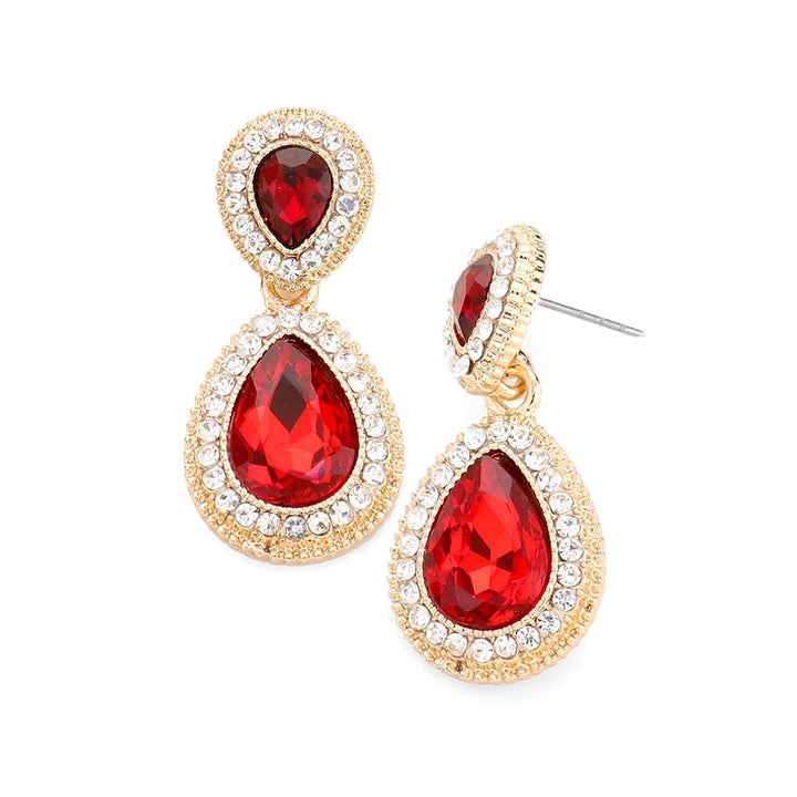 Red Glass Studs Teardrop Crystal Rhinestone Pave Evening Earrings Teardrop Stud Earrings Crystal Earring Rhinestone Pave Earrings Glass Stud Earrings Halo Earrings Elegant Classy Studs