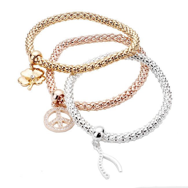 Three Tone 3PCS Clover Peace Wishbone Charm Stretch Bracelets. These Clover themed stretchable bracelets can light up any outfit, and make you feel absolutely flawless. Fabulous fashion and sleek style adds a pop of pretty color to your attire, coordinate with any ensemble from business casual to wear.&nbsp;Perfect Birthday Gift, Anniversary Gift, Mother's Day Gift, Mom Gift, Thank you Gift, Just Because Gift.