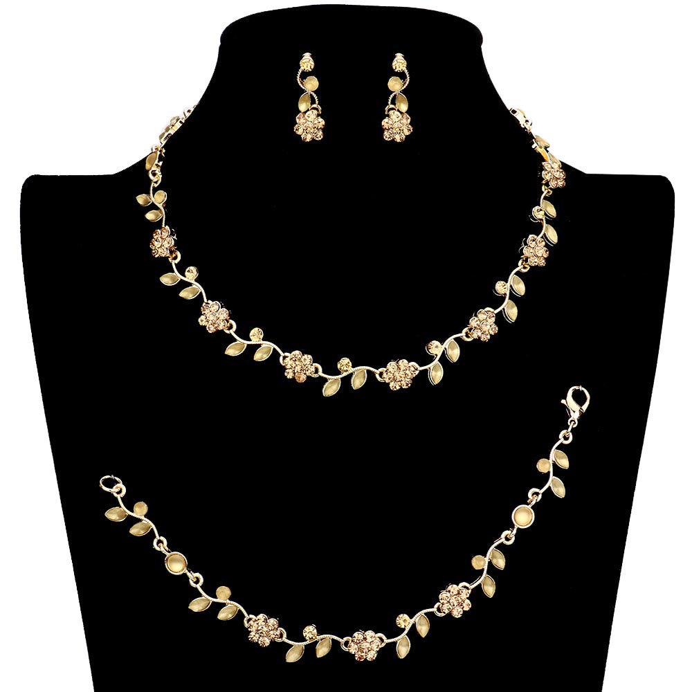 Topaz 3PCS Flower Leaf Cluster Rhinestone Necklace Jewelry Set, These gorgeous Rhinestone pieces will show your class on any special occasion. The elegance of these rhinestones goes unmatched. Get ready with these bright stunning fashion Jewelry sets, and put on a pop of shine to complete your ensemble. Simple sophistication gives a lovely fashionable glow to any outfit style. Simple sophistication, dazzling polished, is a timeless beauty that makes a notable addition to your collection.